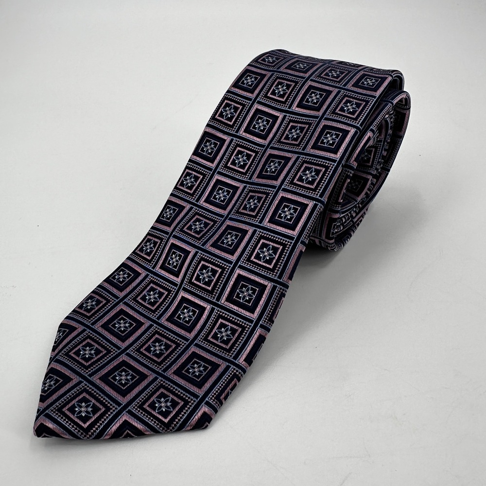 Jos.A. Bank Reserve Mens Silk Necktie Geometric Pattern Dark Blue Pink
